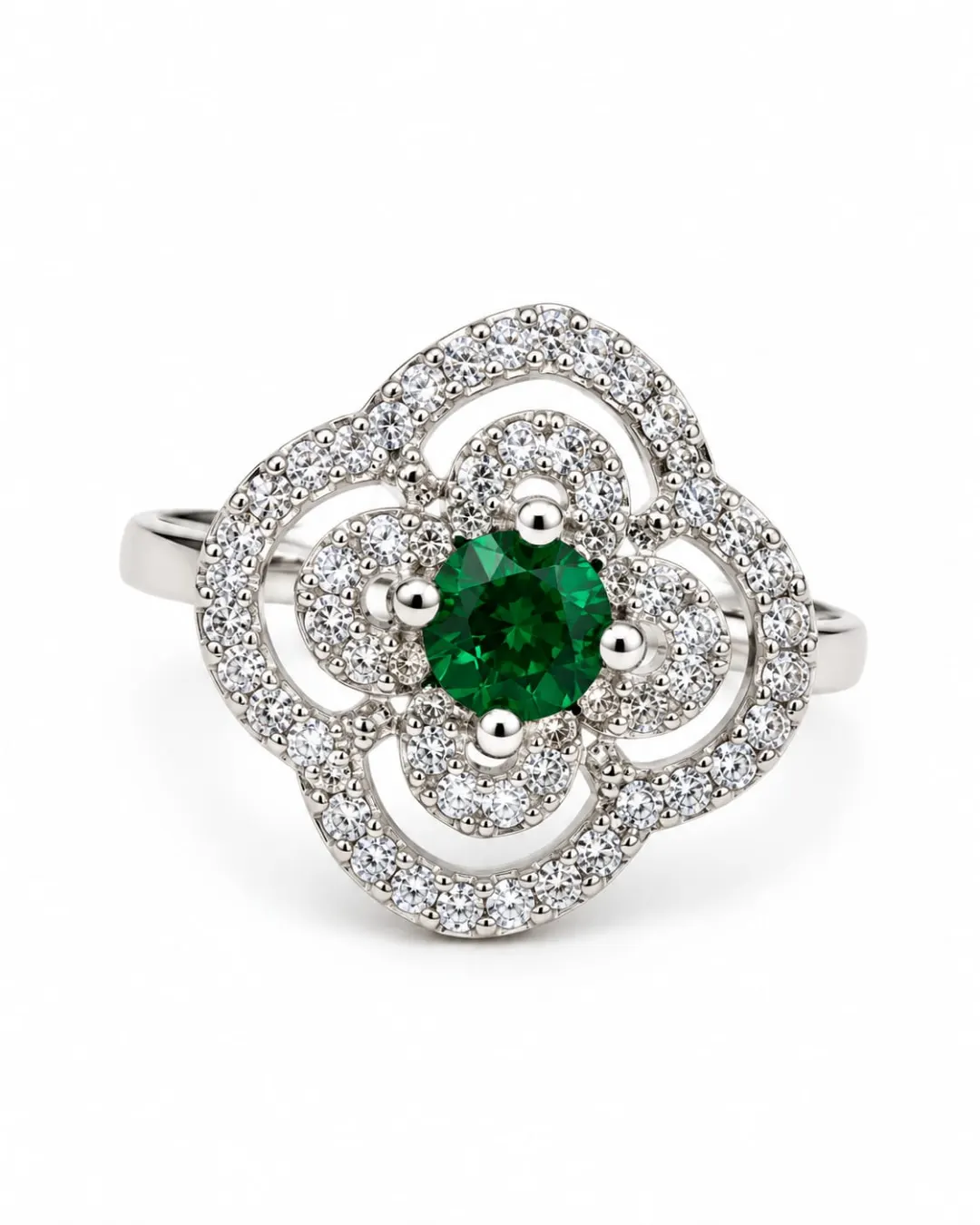 EMERALD GREEN FLORAL HALO SILVER-TONE RING