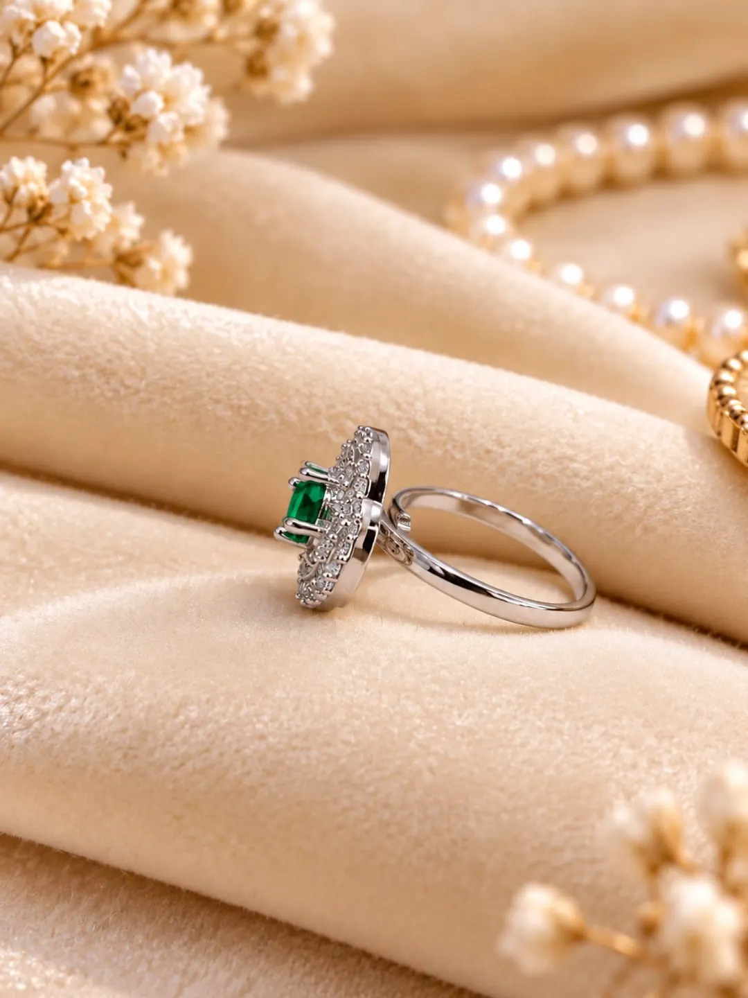EMERALD GREEN FLORAL HALO SILVER-TONE RING
