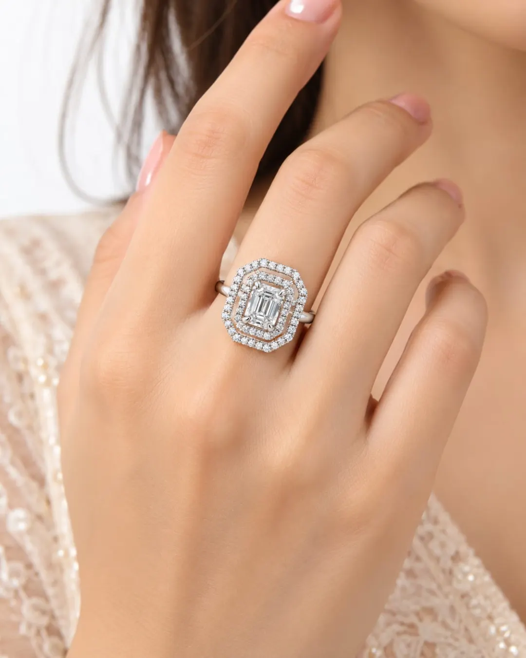 EMERALD CUT CRYSTAL DOUBLE HALO RING