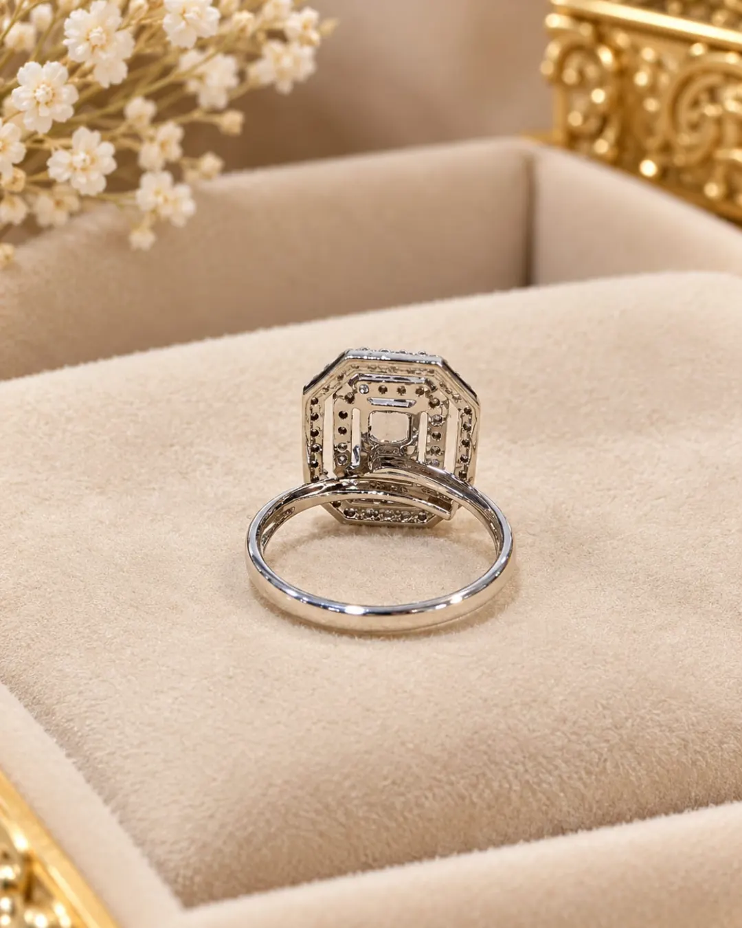 EMERALD CUT CRYSTAL DOUBLE HALO RING