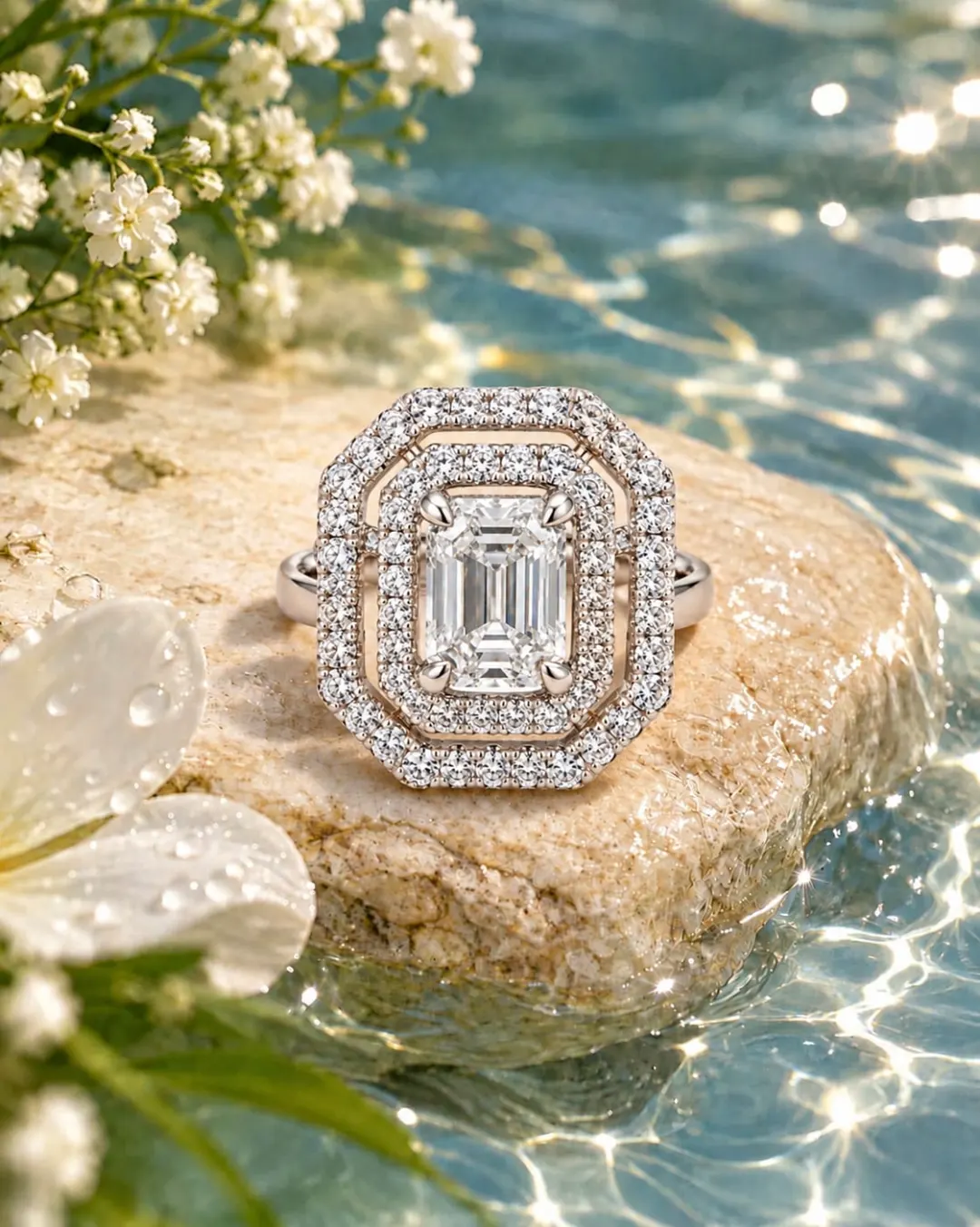 EMERALD CUT CRYSTAL DOUBLE HALO RING