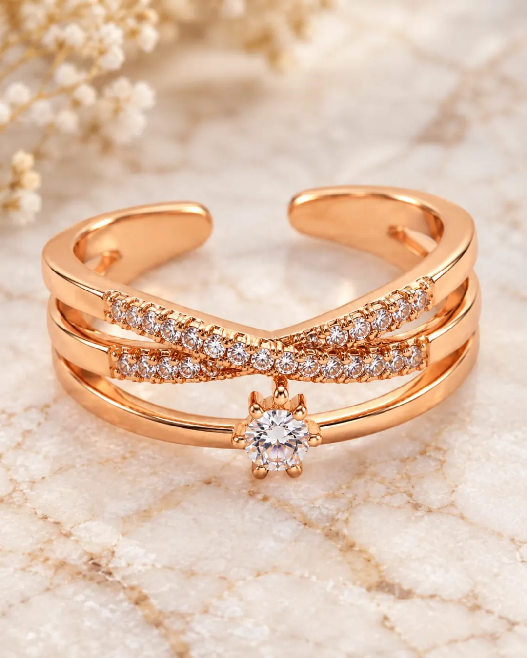ROSE GOLD FLORAL DAIMOND CUFF RING