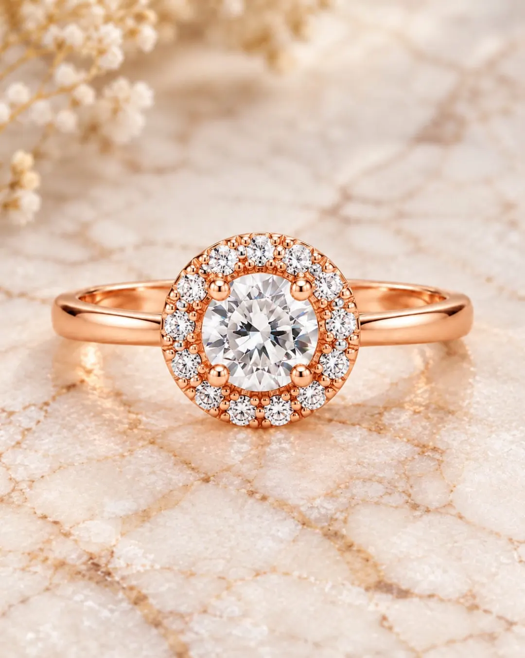 ROSE GOLD ROUND HALO SOLITAIRE RING