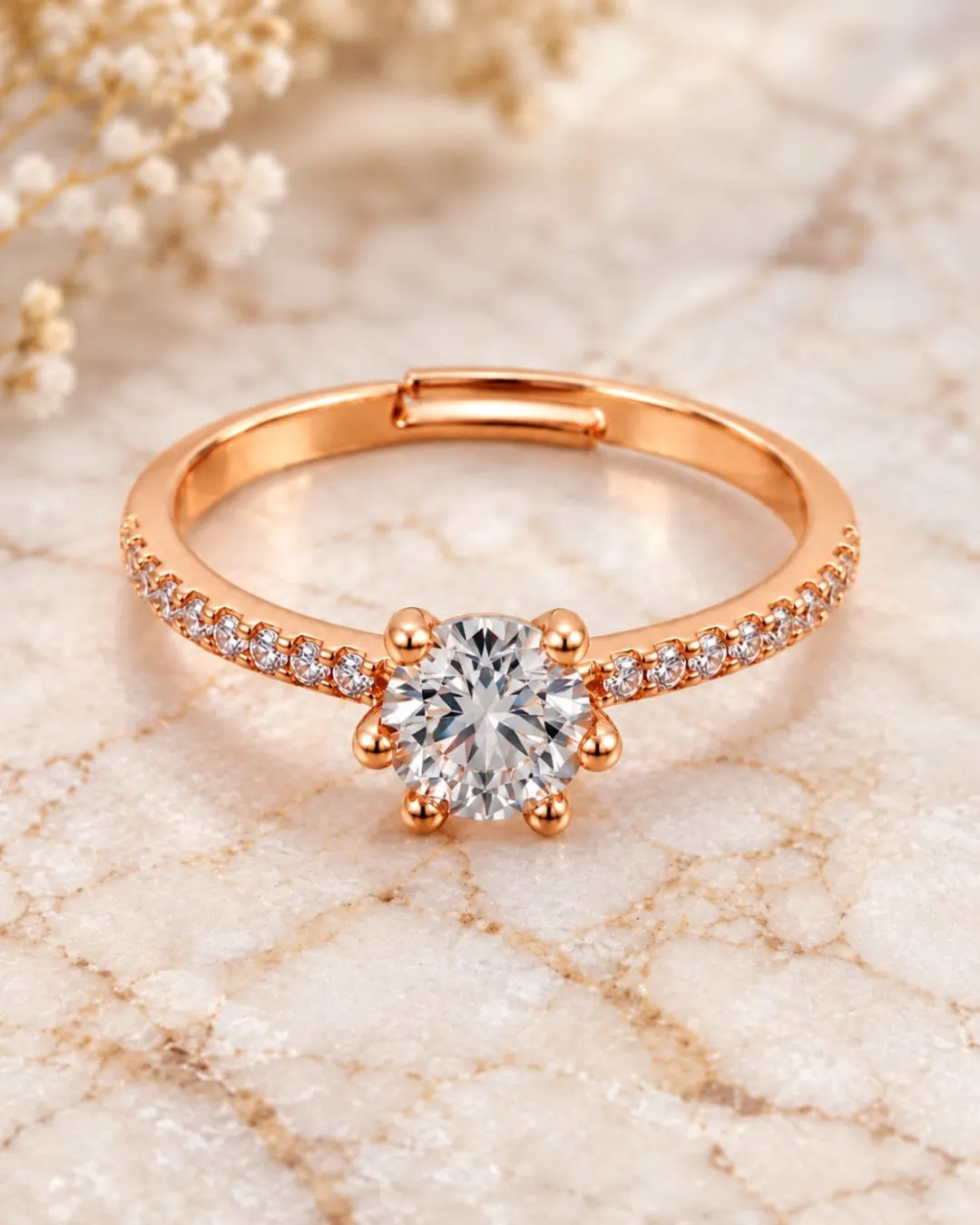 ROSE GOLD SOLITAIRE DIAMOND FLORAL RING