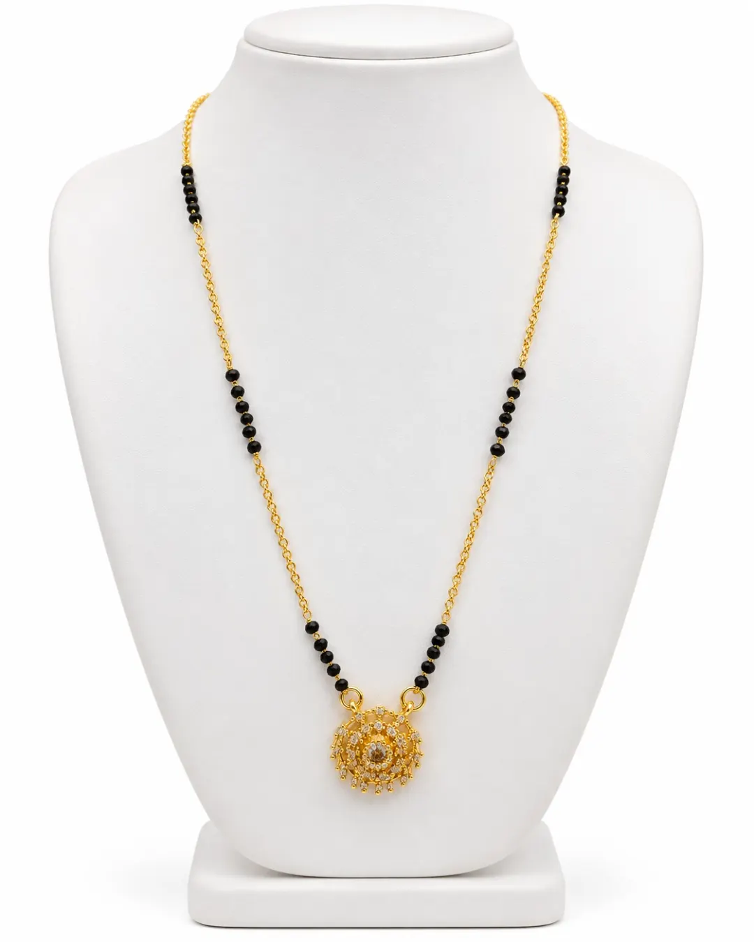 ELEGANT GOLD-TONE FLORAL PENDANT BLACK BEADS MANGALSUTRA