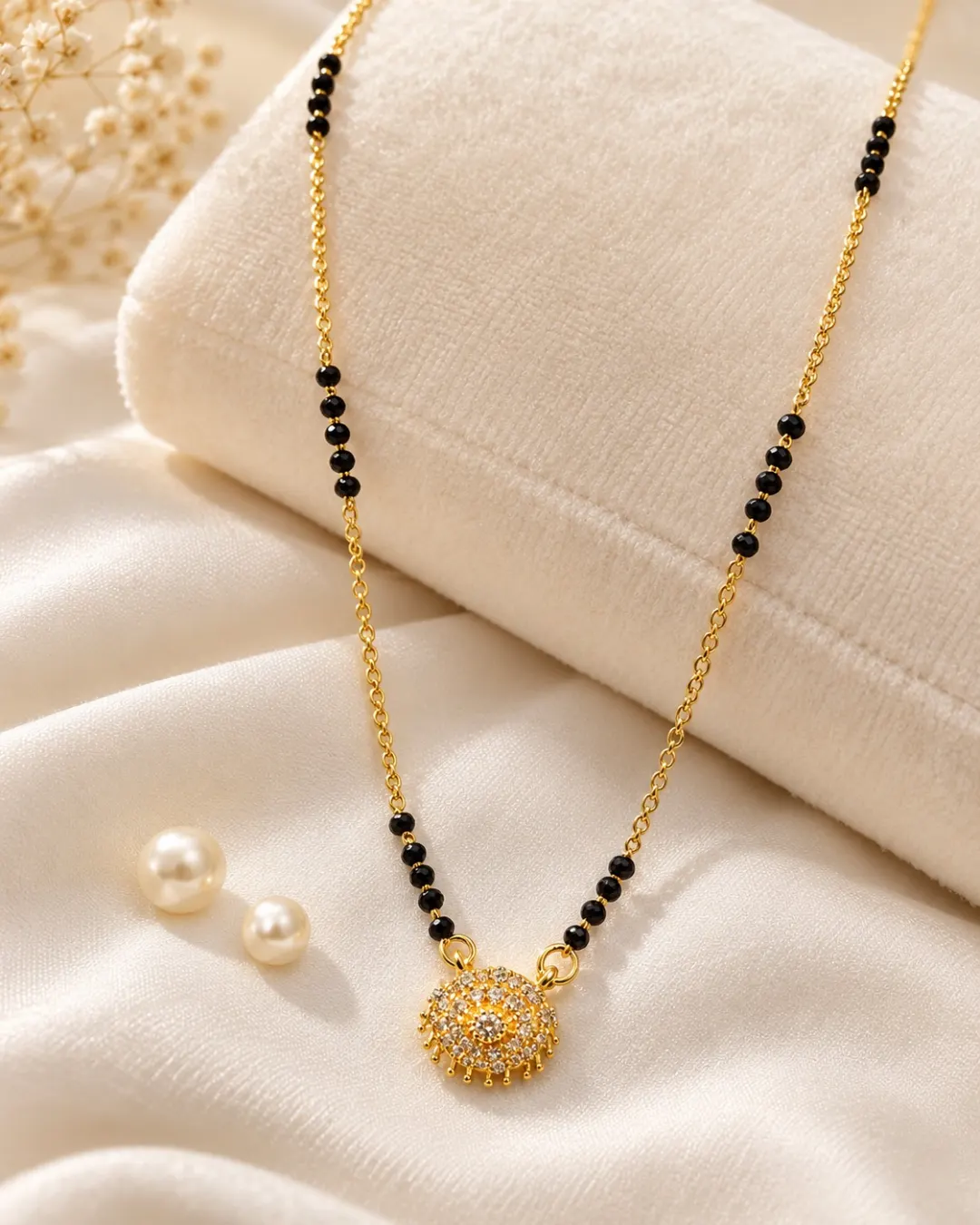 ELEGANT GOLD-TONE FLORAL PENDANT BLACK BEADS MANGALSUTRA