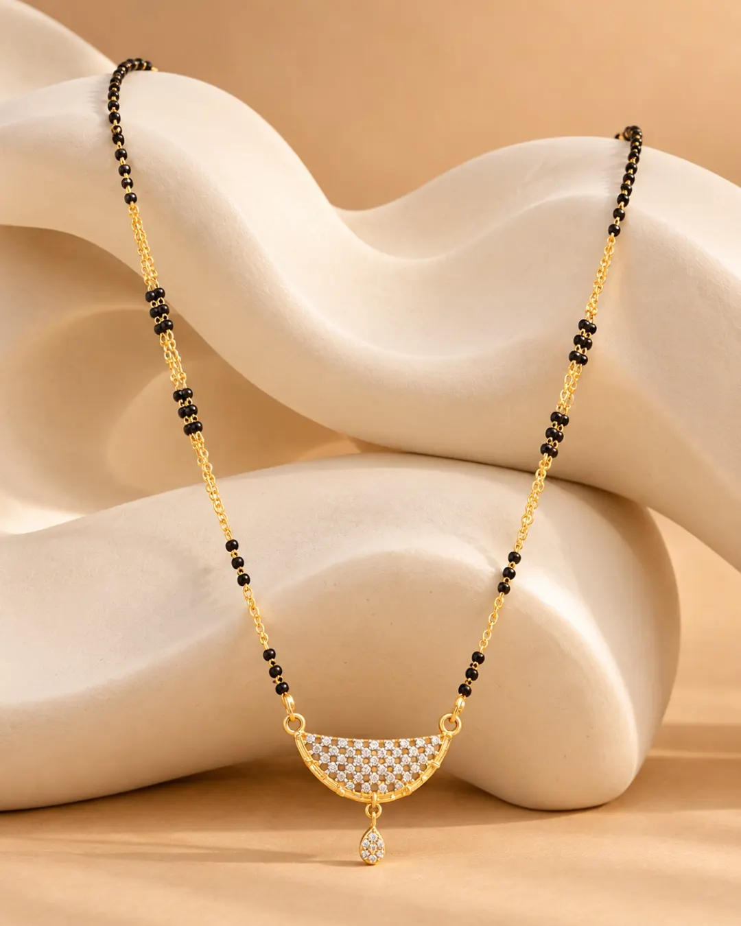GOLD-TONE DOUBLE CHAIN BLACK BEADS MANGALSUTRA WITH DROP PENDANT