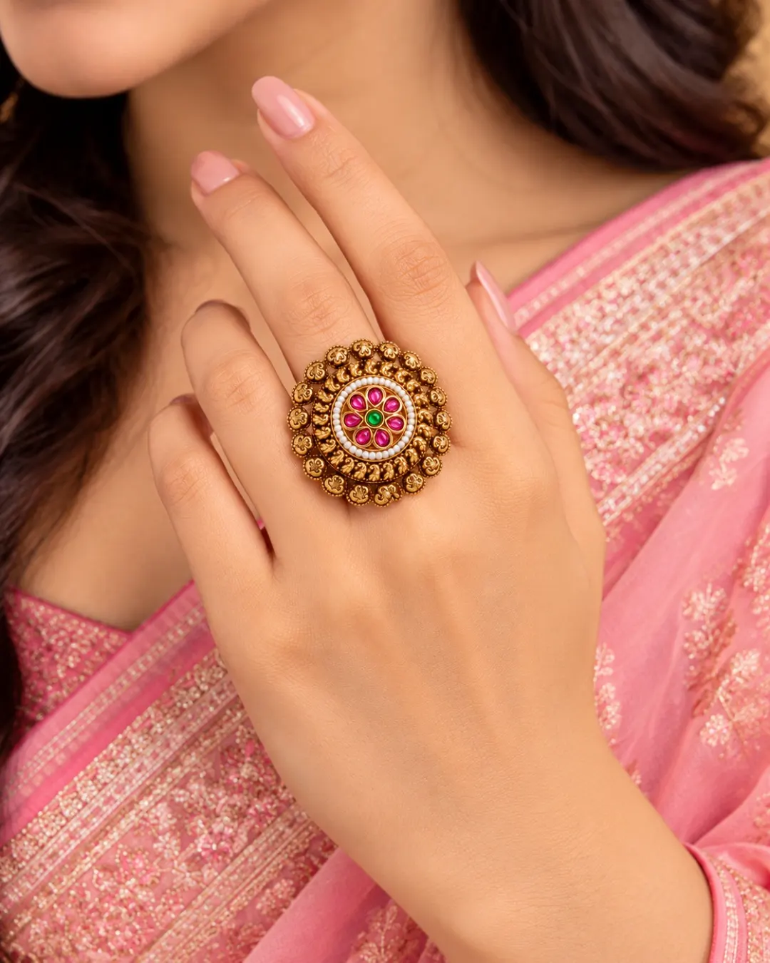 ANTIQUE GOLD-TONE KUNDAN FLORAL RING