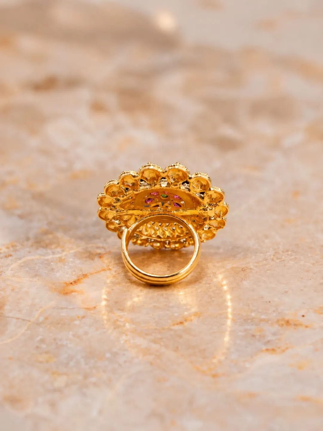 ANTIQUE GOLD-TONE KUNDAN FLORAL RING