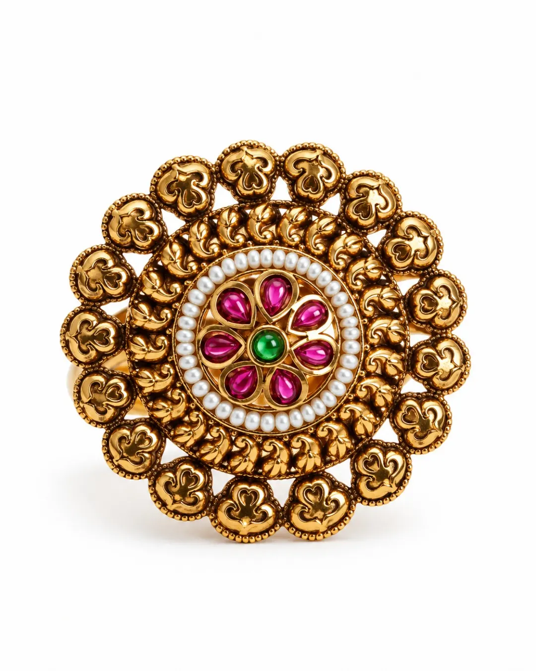 ANTIQUE GOLD-TONE KUNDAN FLORAL RING