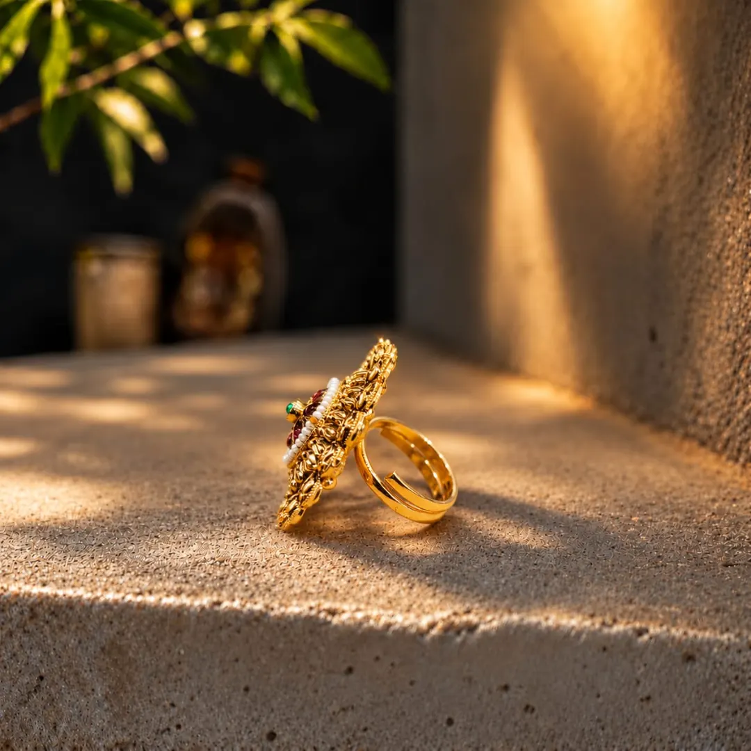 ANTIQUE GOLD-TONE KUNDAN FLORAL RING