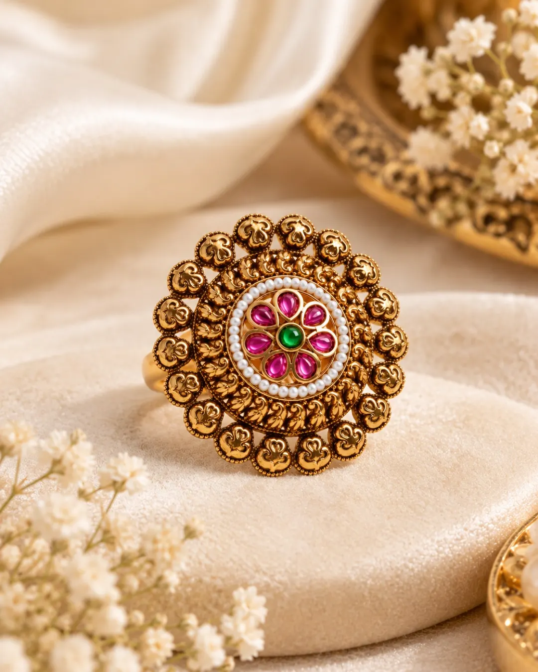 ANTIQUE GOLD-TONE KUNDAN FLORAL RING