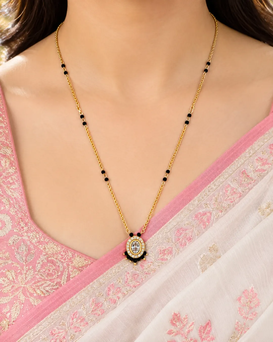 ELEGANT GOLD-TONE MINIMAL BLACK BEADS MANGALSUTRA WITH OVAL PENDANT