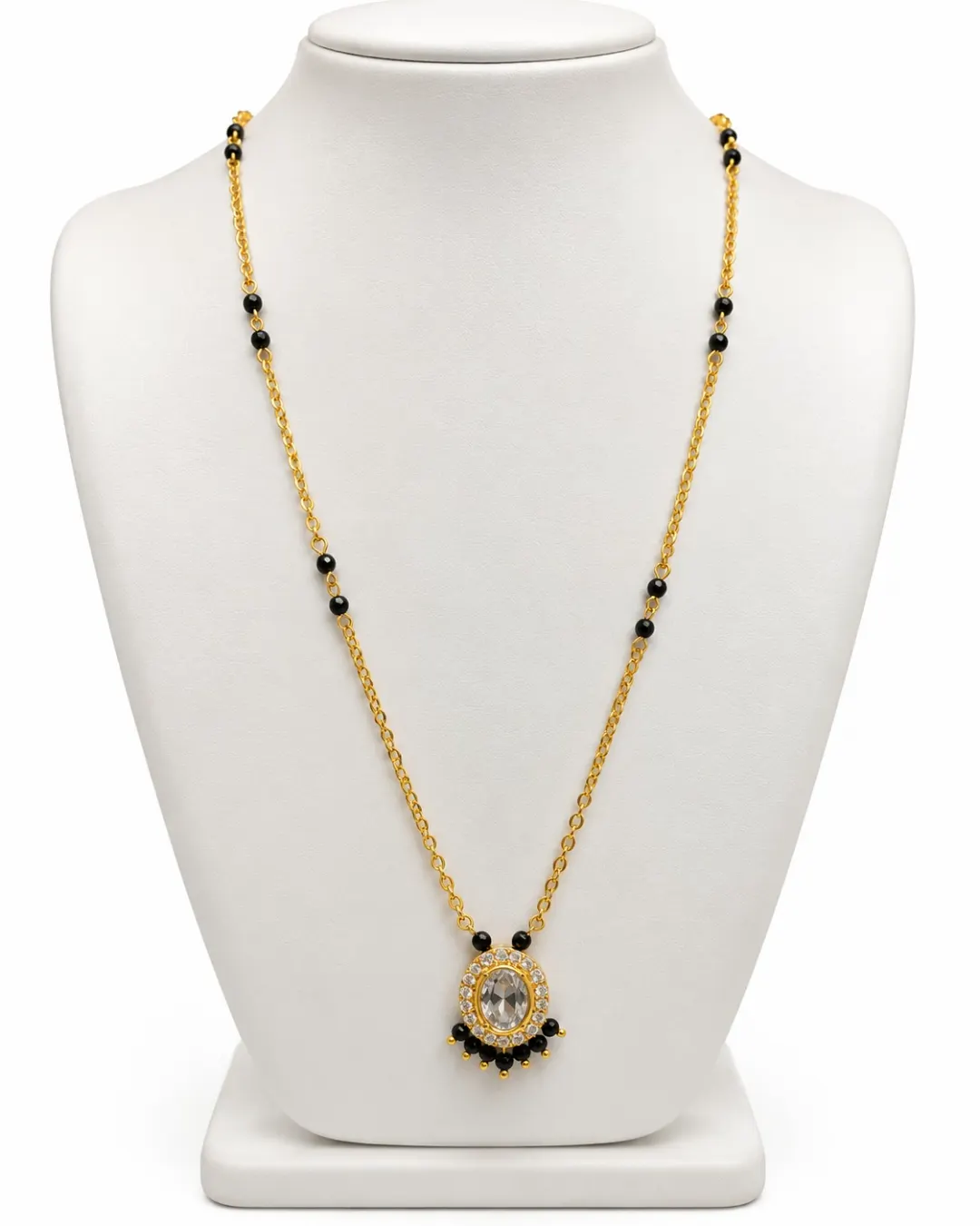 ELEGANT GOLD-TONE MINIMAL BLACK BEADS MANGALSUTRA WITH OVAL PENDANT