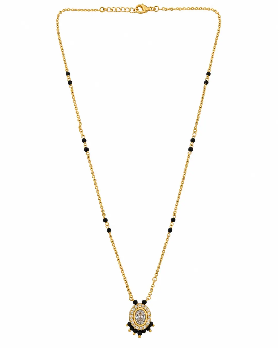 ELEGANT GOLD-TONE MINIMAL BLACK BEADS MANGALSUTRA WITH OVAL PENDANT