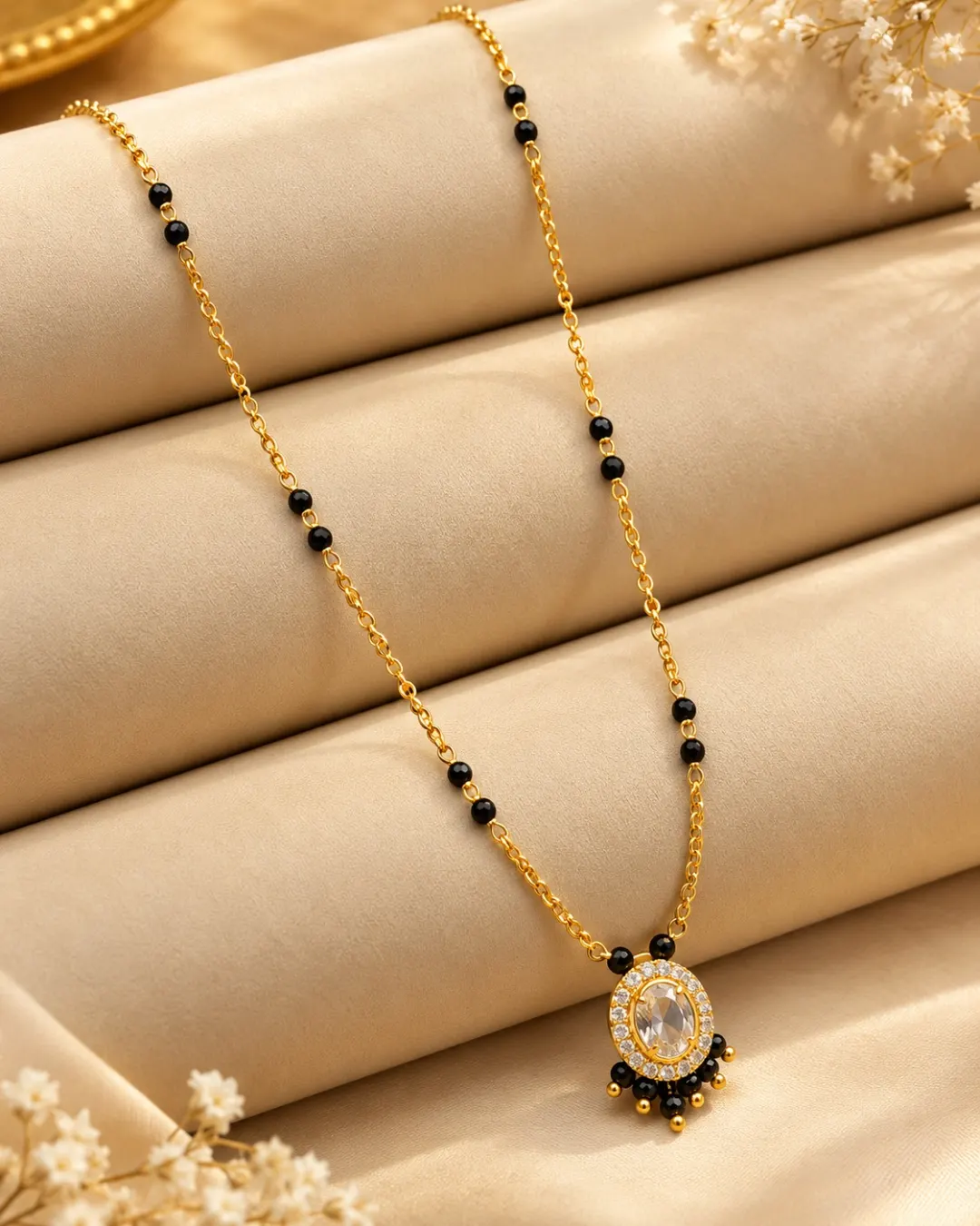 ELEGANT GOLD-TONE MINIMAL BLACK BEADS MANGALSUTRA WITH OVAL PENDANT