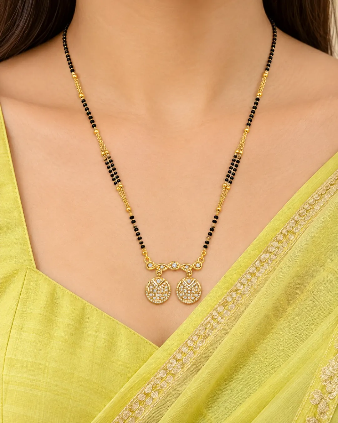 ELEGANT GOLD-TONE DOUBLE COIN PENDANT BLACK BEADS MANGALSUTRA