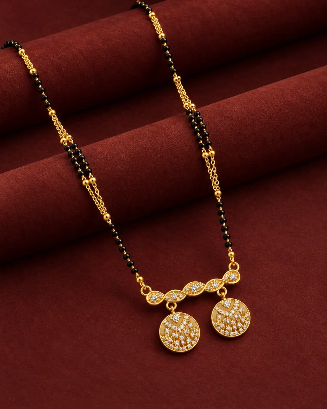 ELEGANT GOLD-TONE DOUBLE COIN PENDANT BLACK BEADS MANGALSUTRA