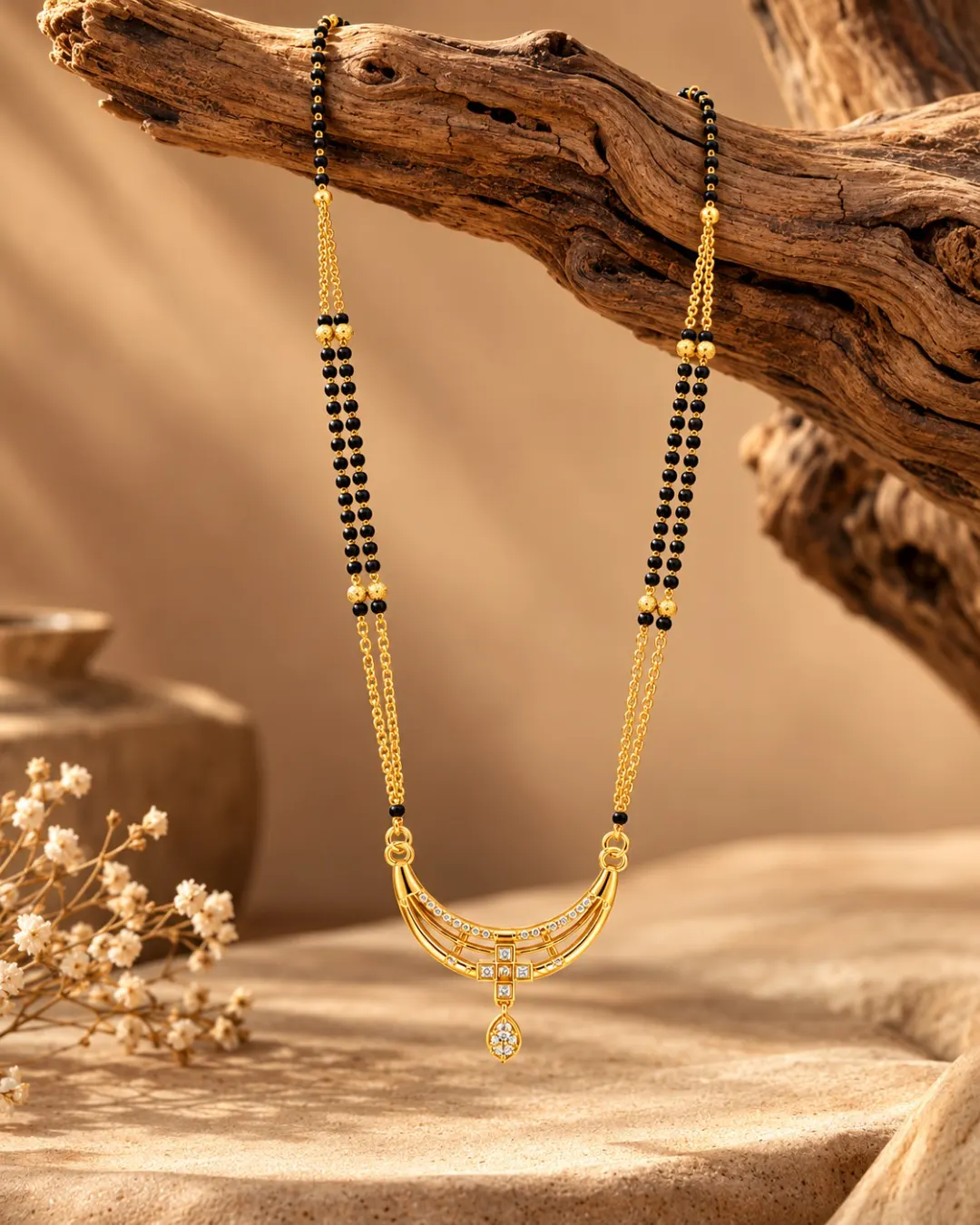 GOLD-TONE DOUBLE LAYER BLACK BEADS MANGALSUTRA