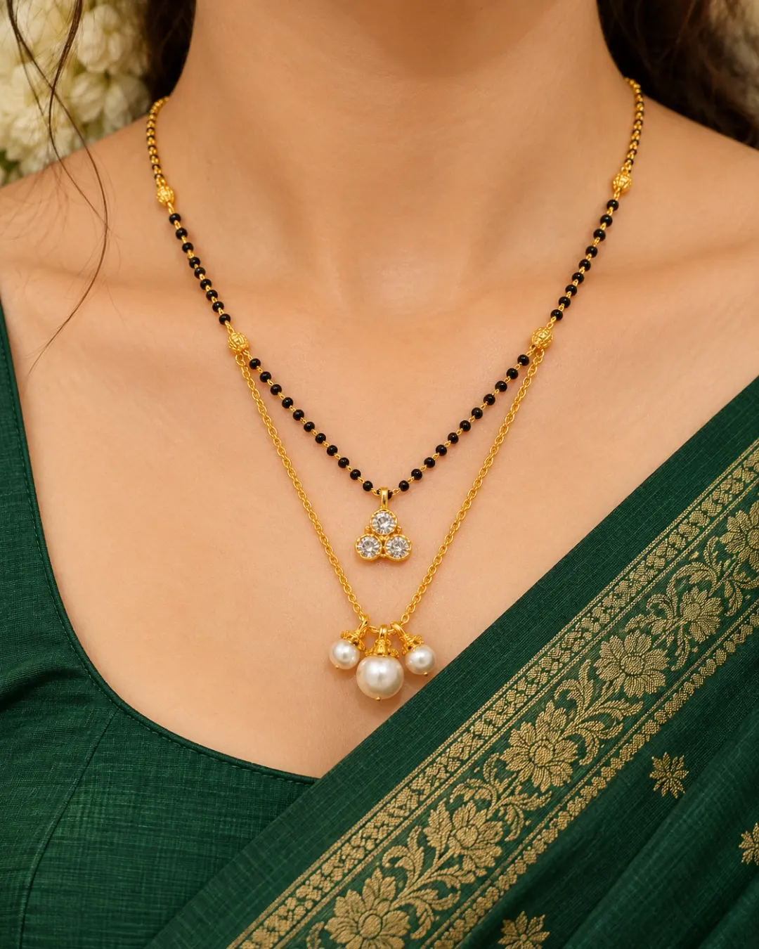 GOLD PLATED PEARL & BLACK BEAD DOUBLE LAYER MANGALSUTRA NECKLACE