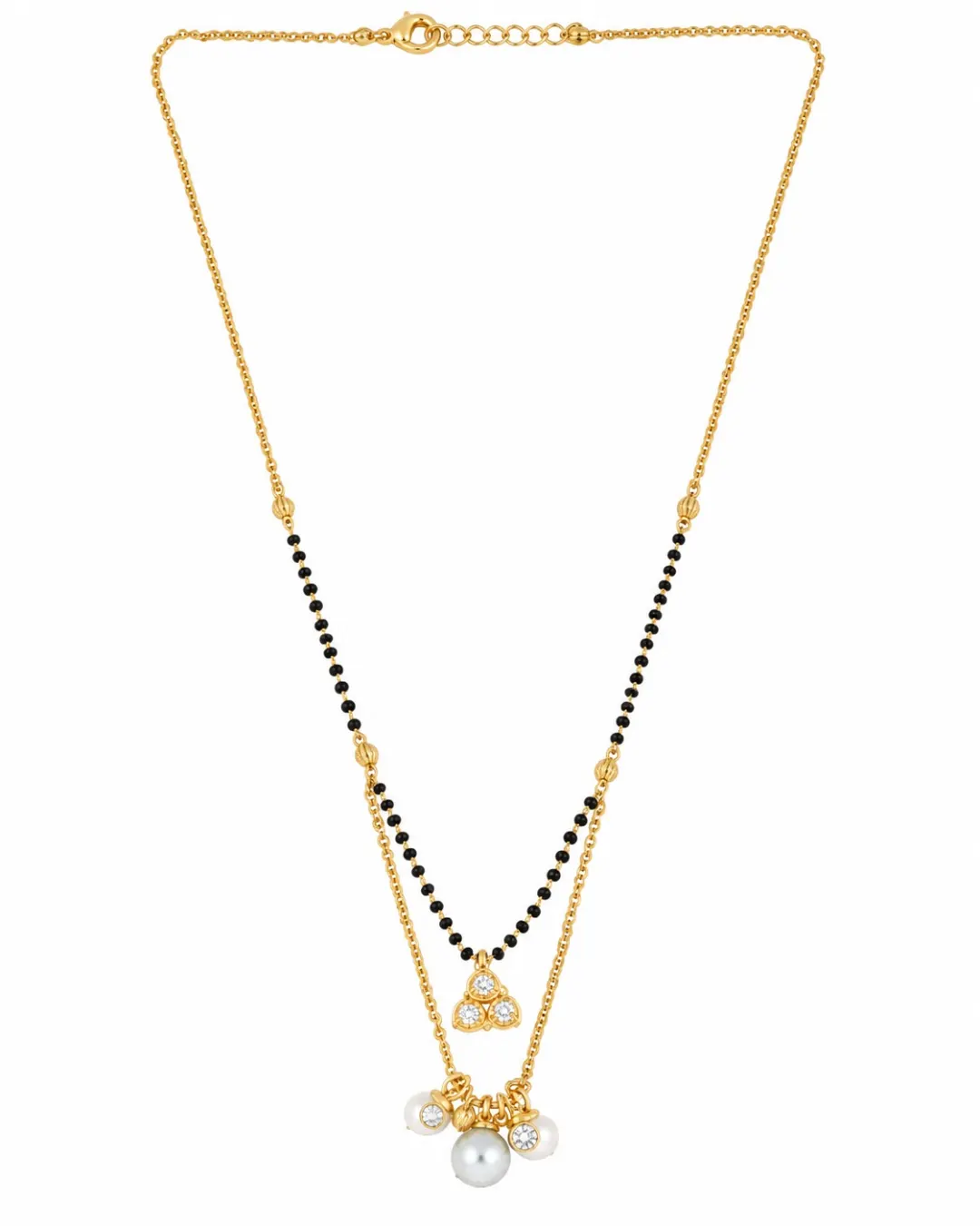 GOLD PLATED PEARL & BLACK BEAD DOUBLE LAYER MANGALSUTRA NECKLACE