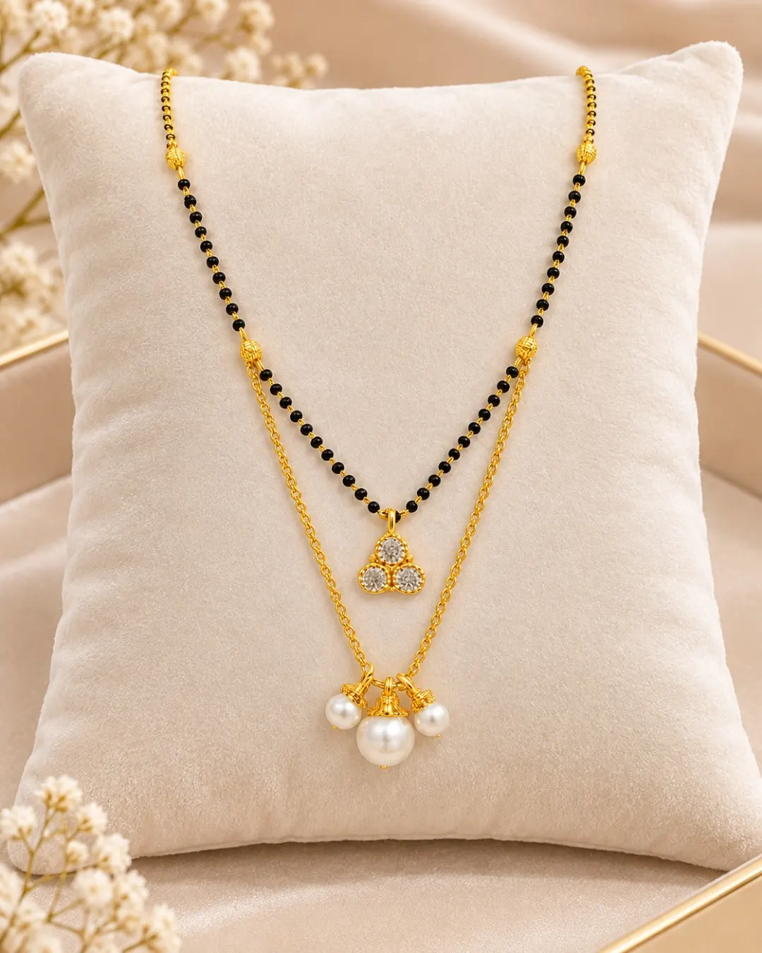GOLD PLATED PEARL & BLACK BEAD DOUBLE LAYER MANGALSUTRA NECKLACE
