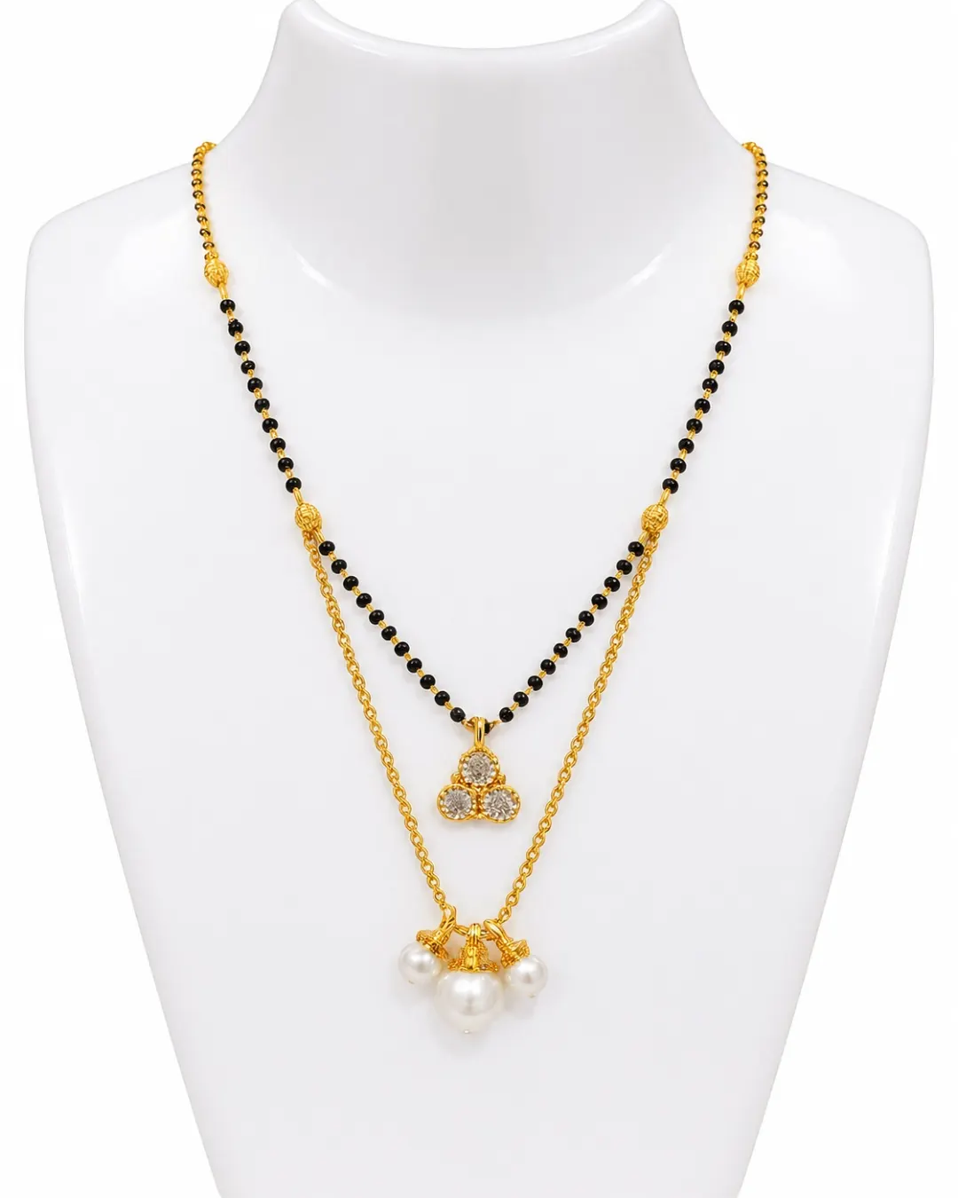 GOLD PLATED PEARL & BLACK BEAD DOUBLE LAYER MANGALSUTRA NECKLACE