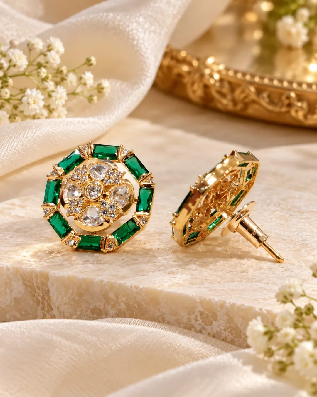 GREEN STONE GOLD-TONE AMERICAN DIAMOND STUD EARRING