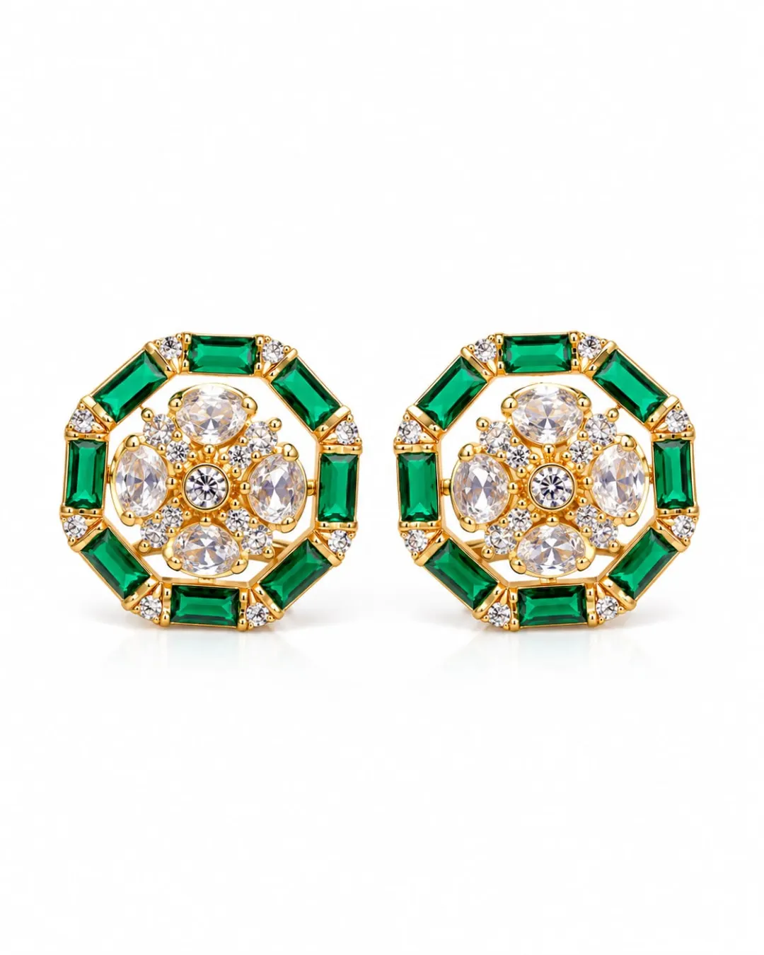 GREEN STONE GOLD-TONE AMERICAN DIAMOND STUD EARRING
