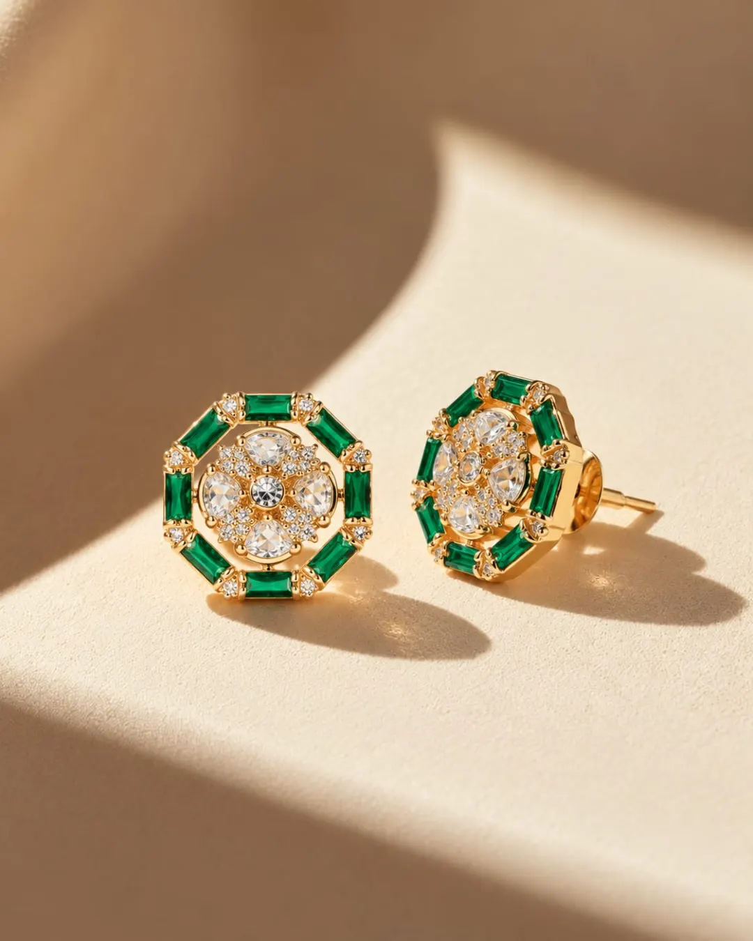 GREEN STONE GOLD-TONE AMERICAN DIAMOND STUD EARRING
