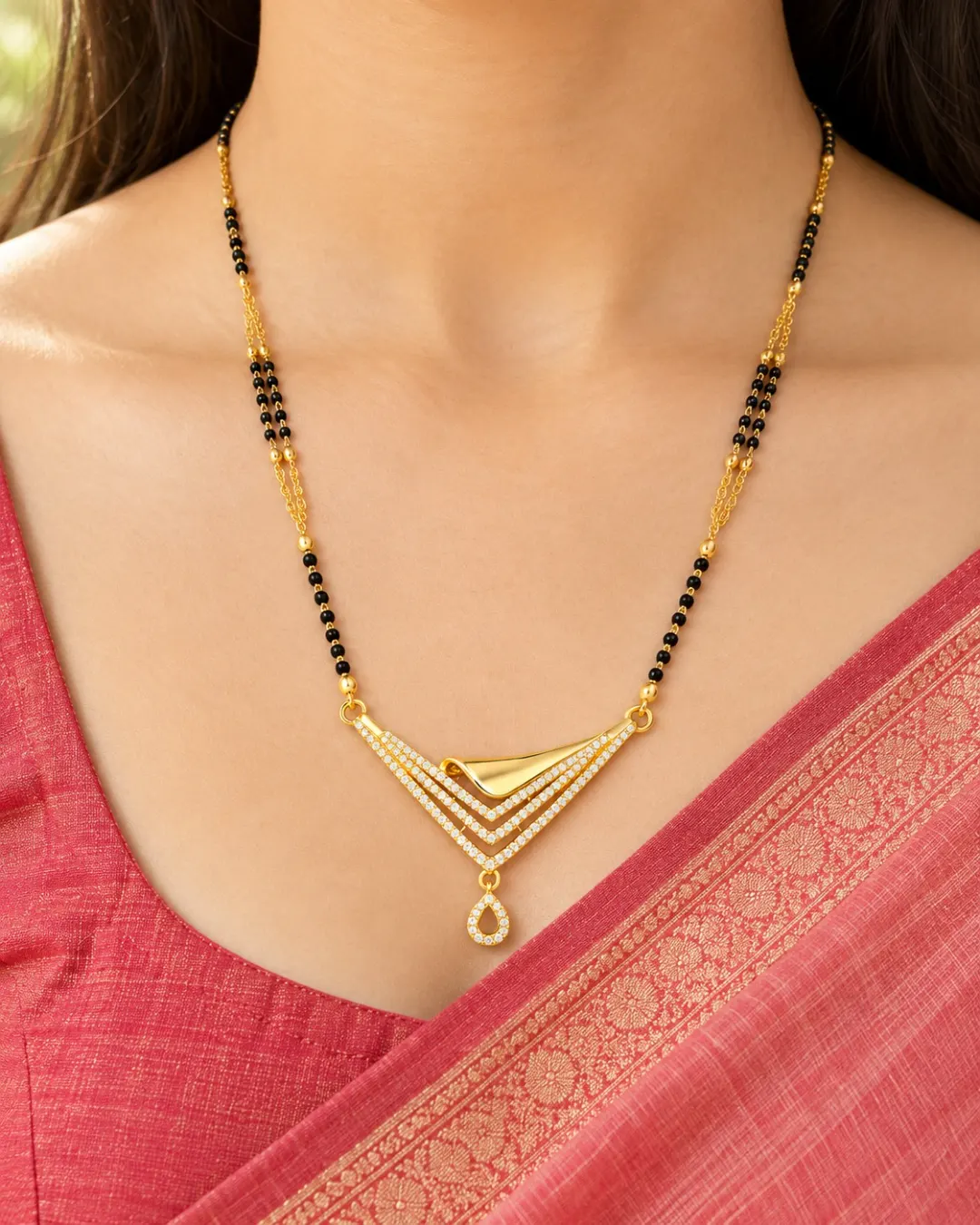 GOLD PLATED V SHAPED CZ PENDANT MANGALSUTRA NECKLACE