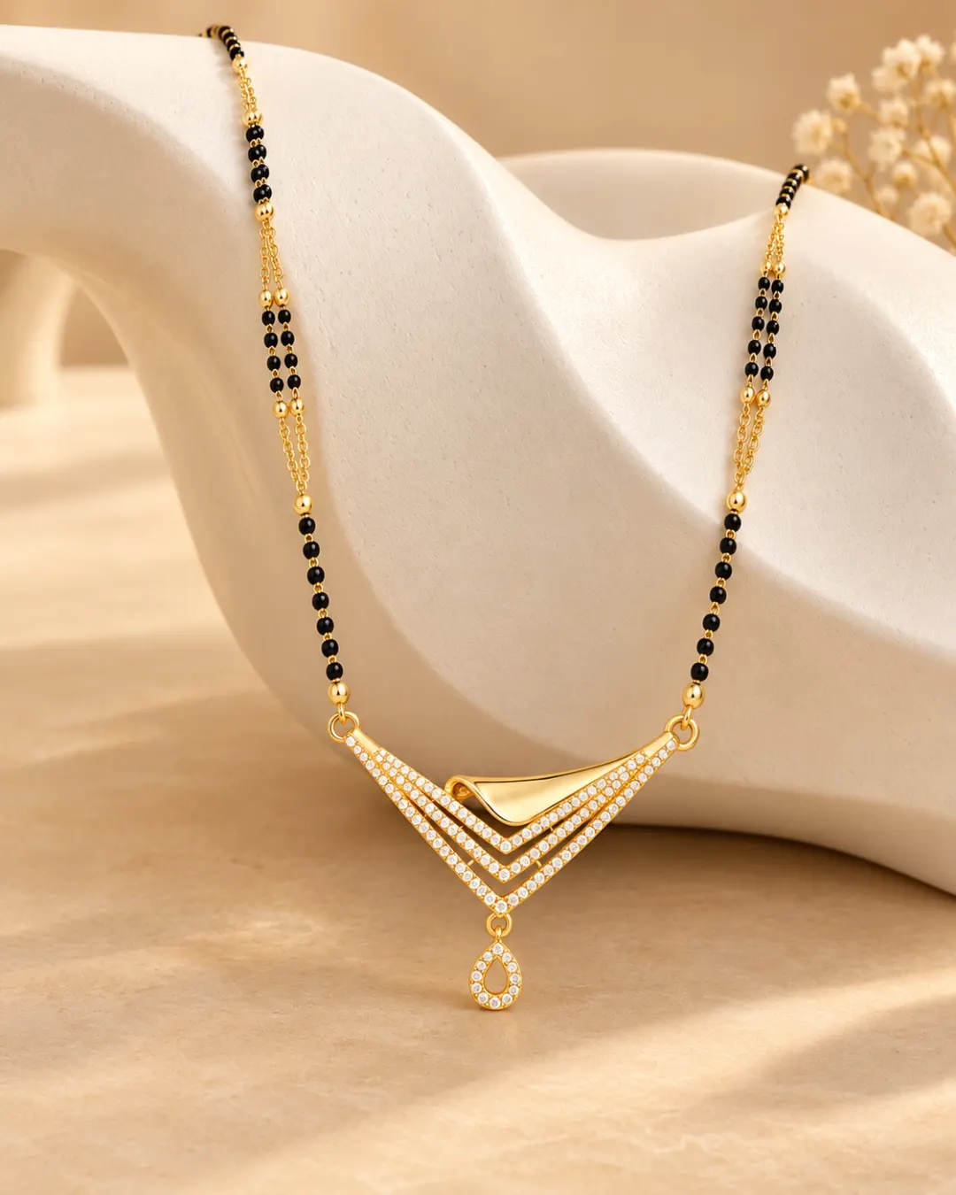 GOLD PLATED V SHAPED CZ PENDANT MANGALSUTRA NECKLACE