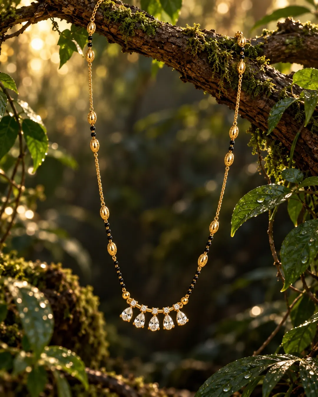 GOLD PLATEDFLORAL DROP MANGAKSUTRA NECKLACE.