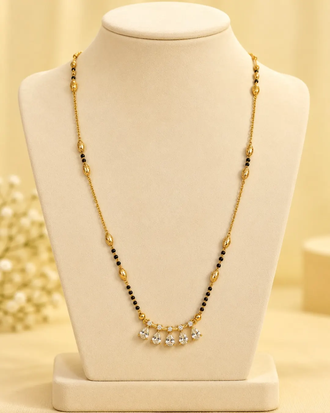 GOLD PLATEDFLORAL DROP MANGAKSUTRA NECKLACE.
