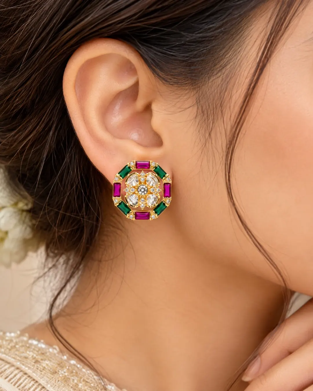 MULTICOLOR GREEN & PINK STONE GOLD-TONE AMERICAN DIAMOND STUD EARRINGS