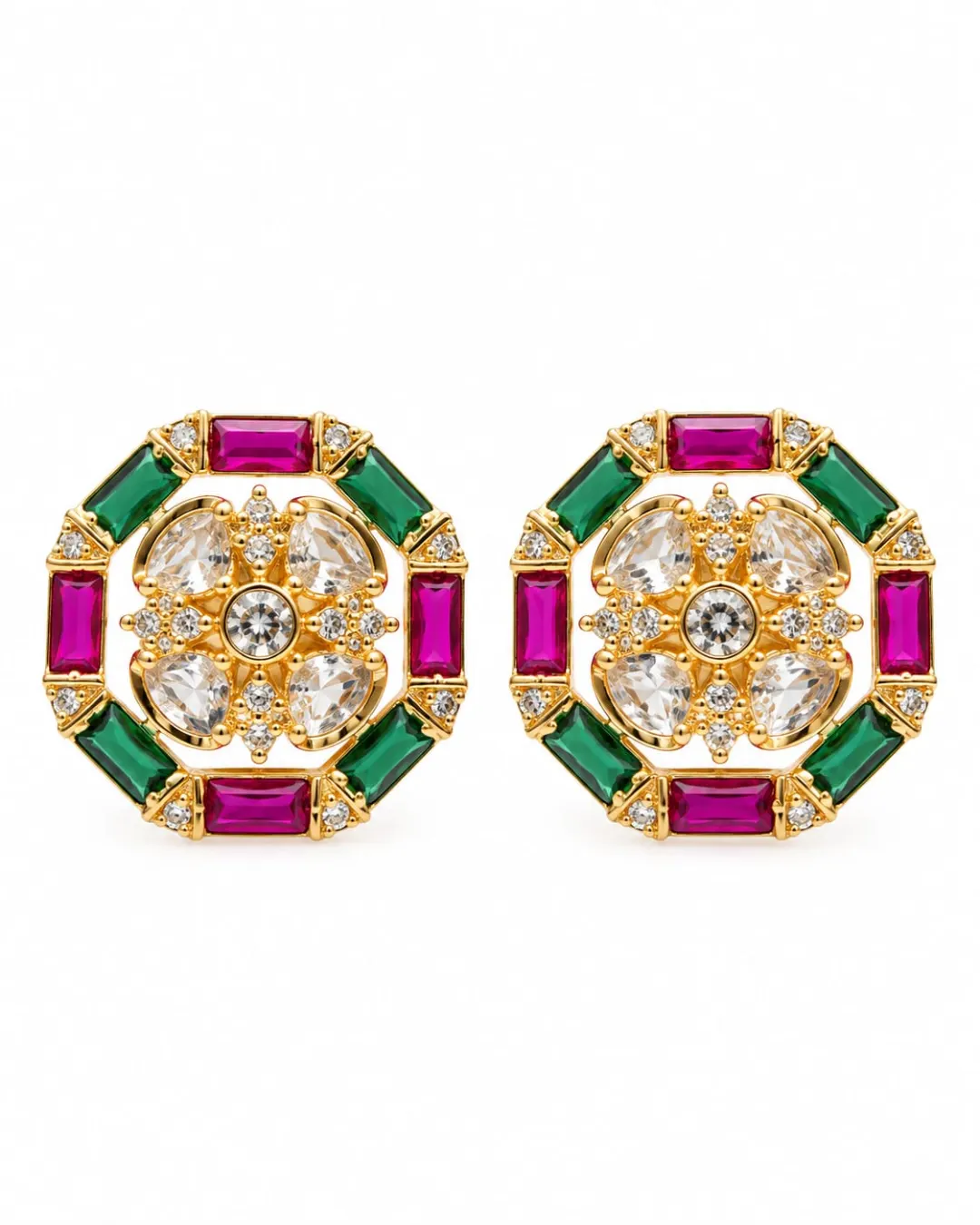 MULTICOLOR GREEN & PINK STONE GOLD-TONE AMERICAN DIAMOND STUD EARRINGS 