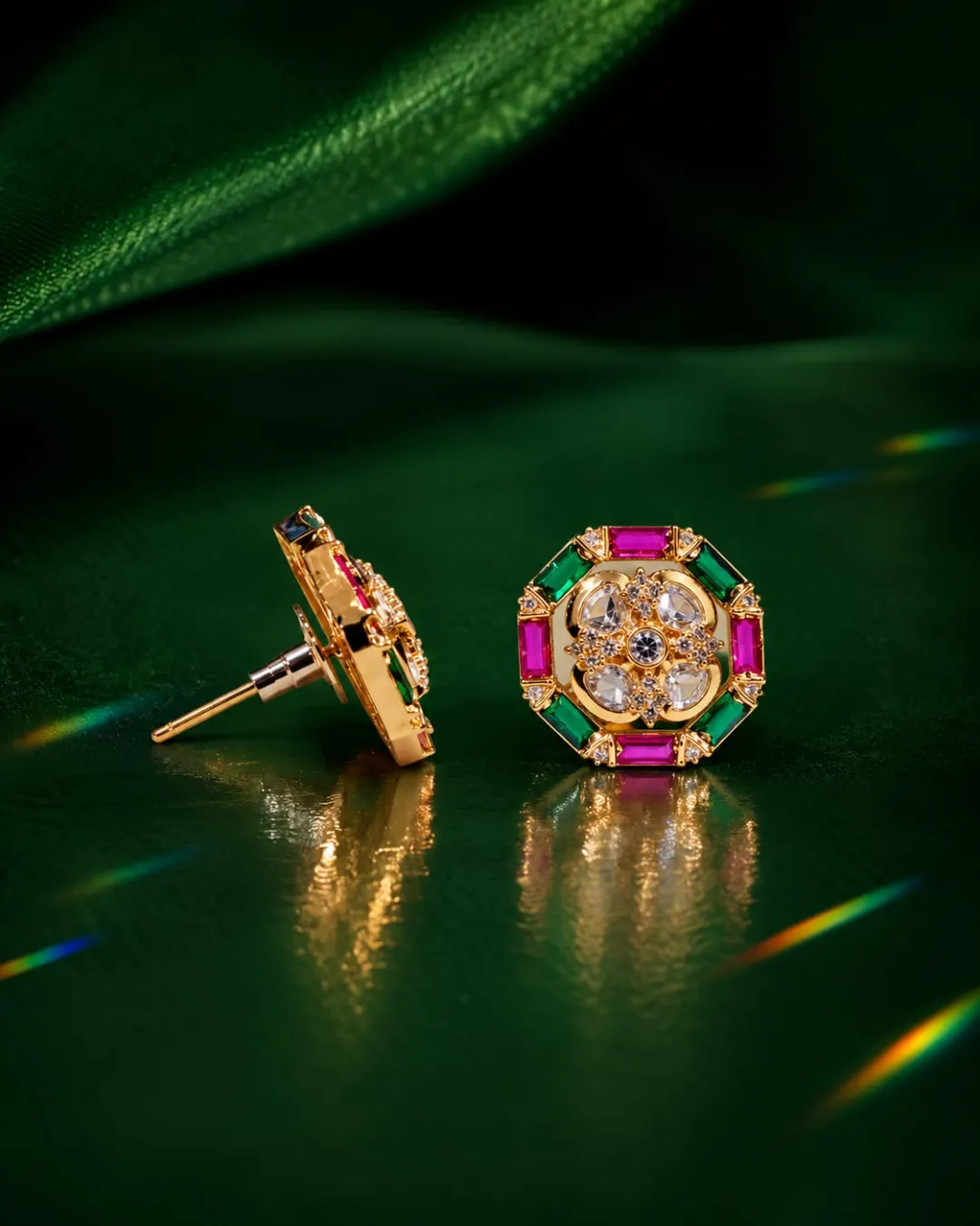 MULTICOLOR GREEN & PINK STONE GOLD-TONE AMERICAN DIAMOND STUD EARRINGS 