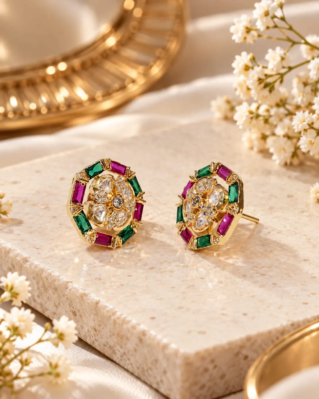 MULTICOLOR GREEN & PINK STONE GOLD-TONE AMERICAN DIAMOND STUD EARRINGS 