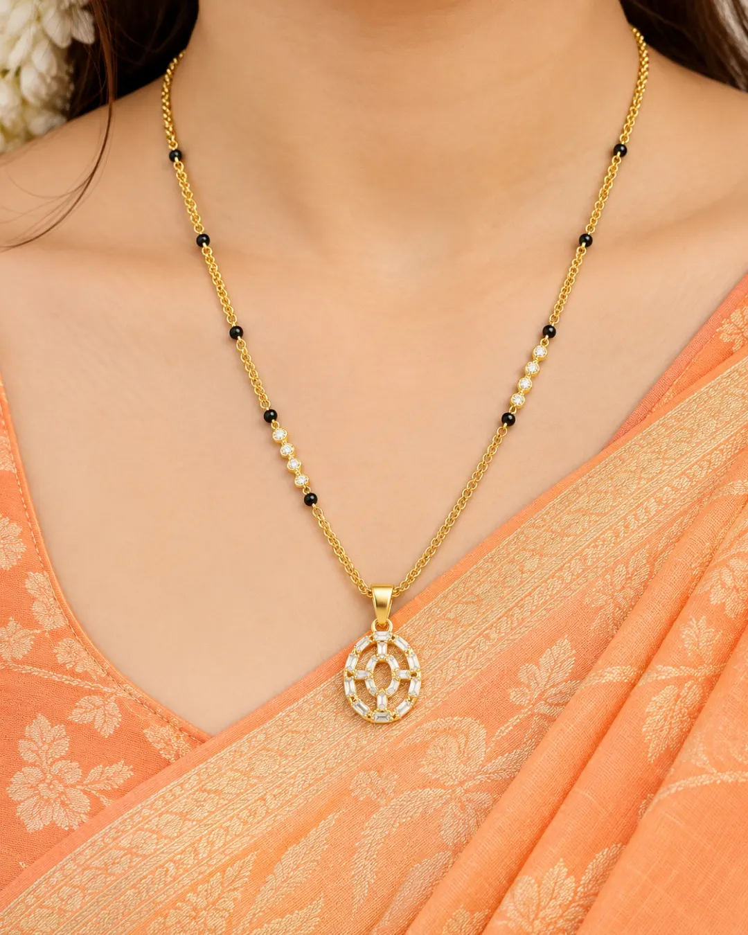 GOLD PLATED BLACK BEADS OVAL PENDANT MANGALSUTRA NECKLACE.