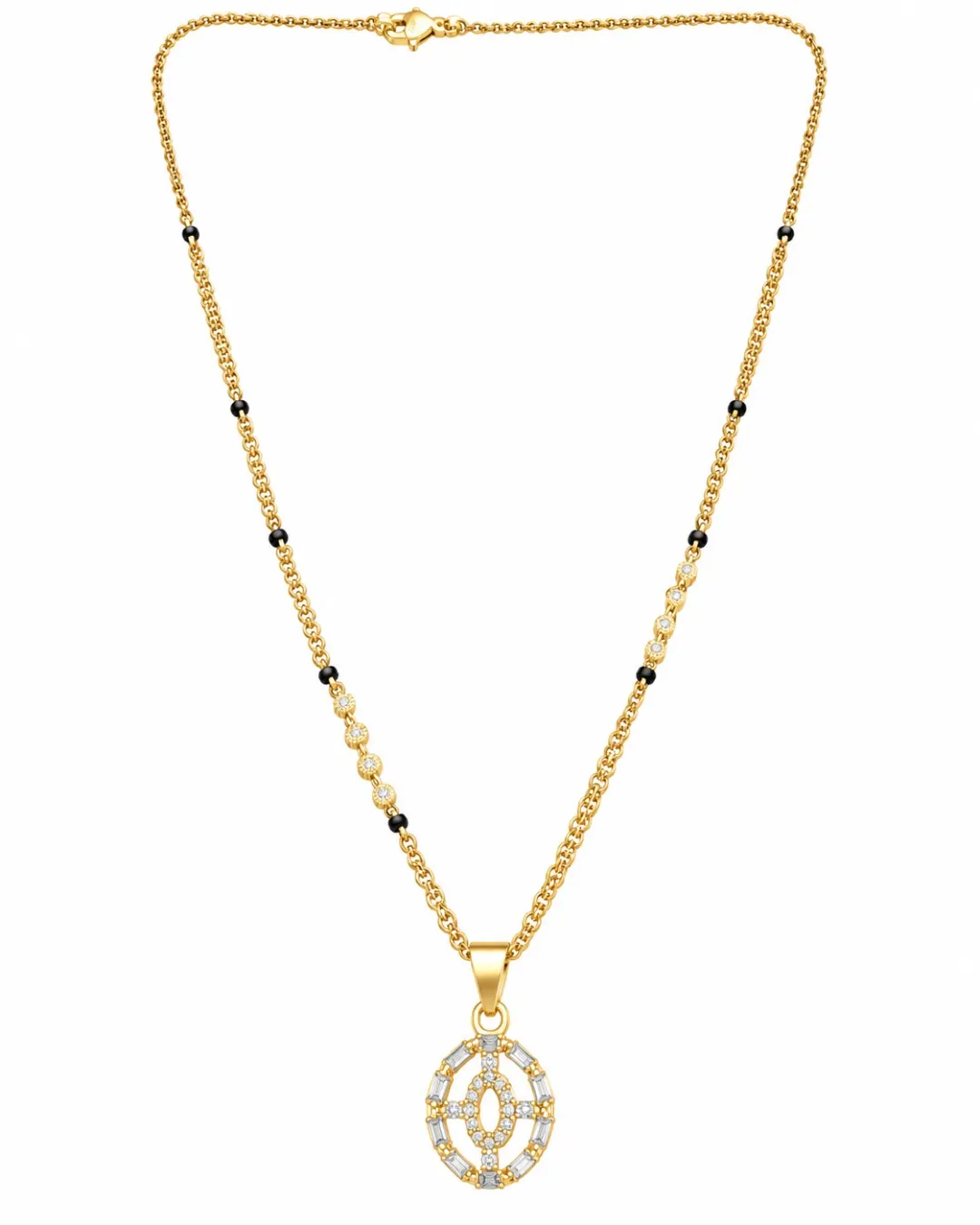 GOLD PLATED BLACK BEADS OVAL PENDANT MANGALSUTRA NECKLACE.