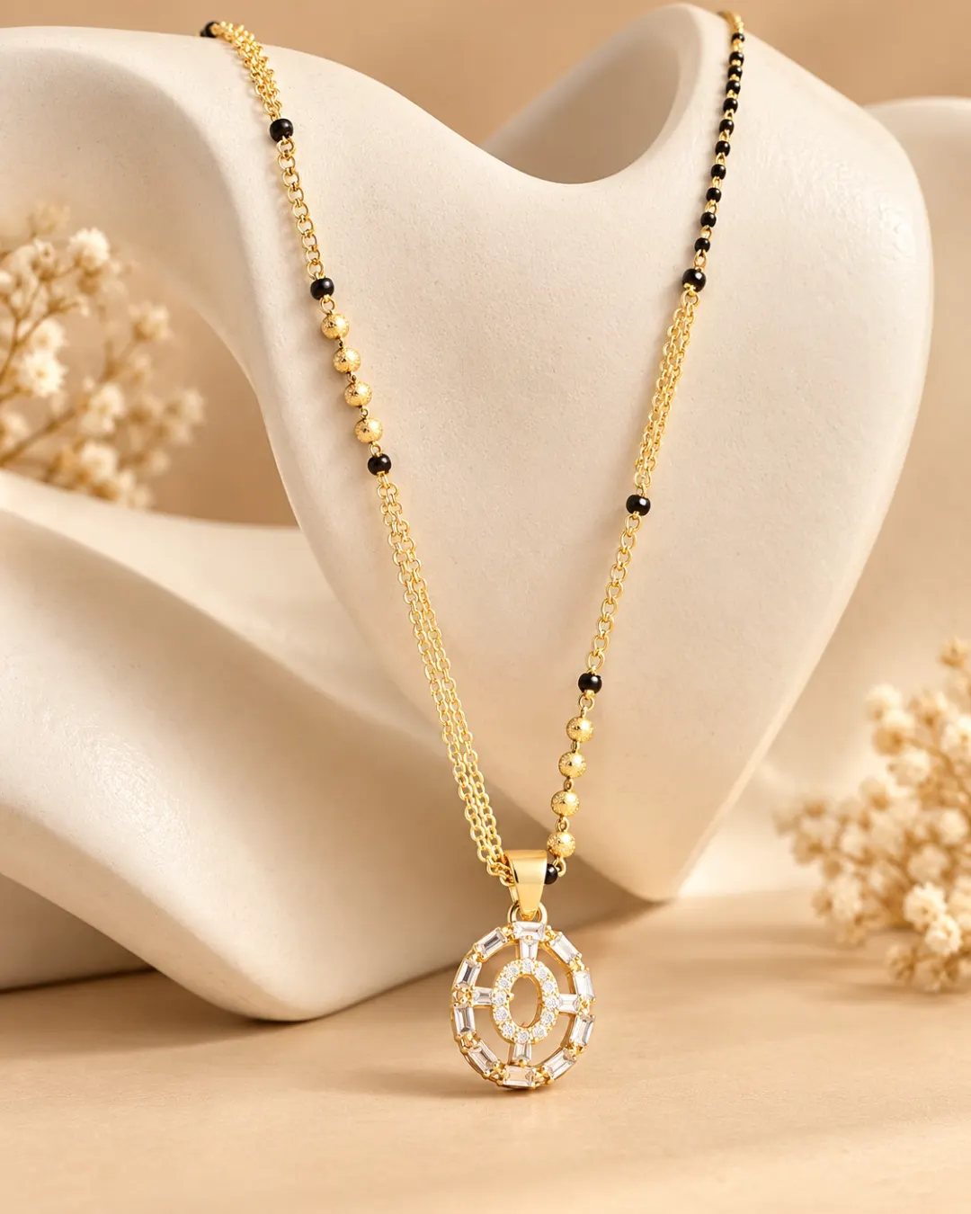GOLD PLATED BLACK BEADS OVAL PENDANT MANGALSUTRA NECKLACE.