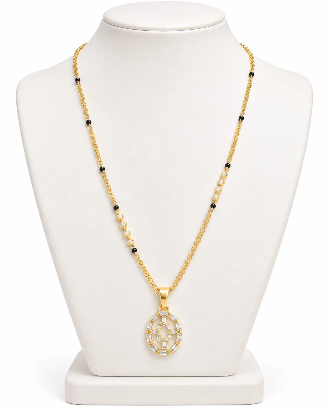 GOLD PLATED BLACK BEADS OVAL PENDANT MANGALSUTRA NECKLACE.
