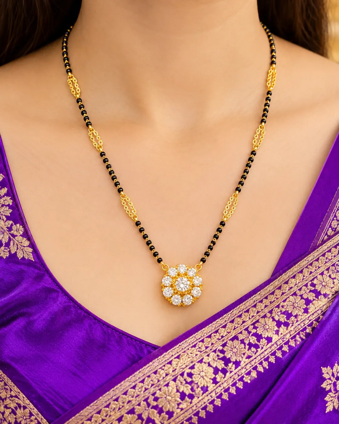 GOLD BLACK BEADED FLORAL MANGALSUTRA PENDANT NECKLACE.