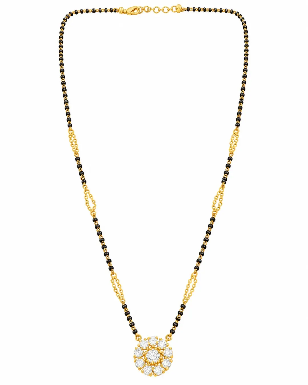 GOLD BLACK BEADED FLORAL MANGALSUTRA PENDANT NECKLACE.