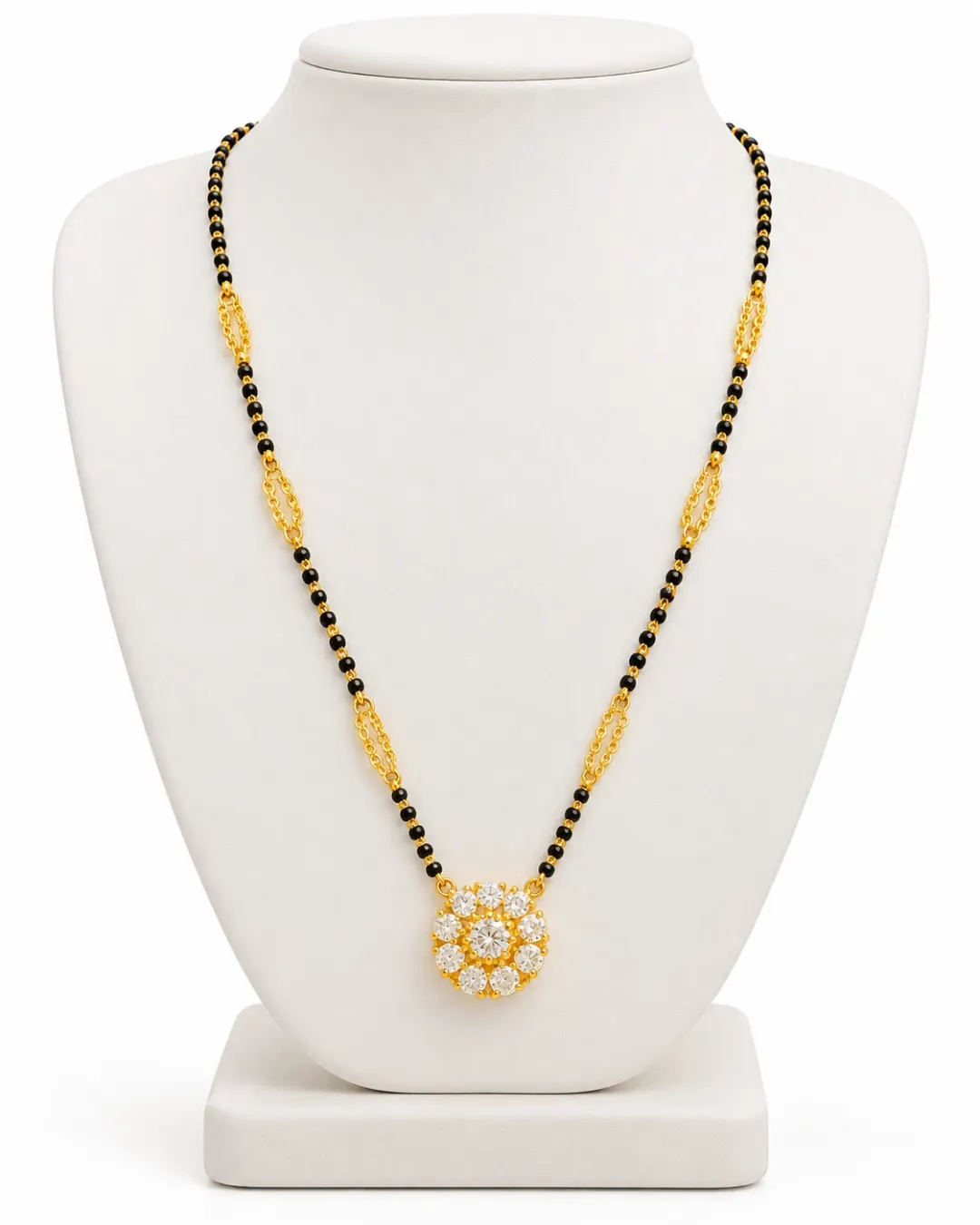 GOLD BLACK BEADED FLORAL MANGALSUTRA PENDANT NECKLACE.