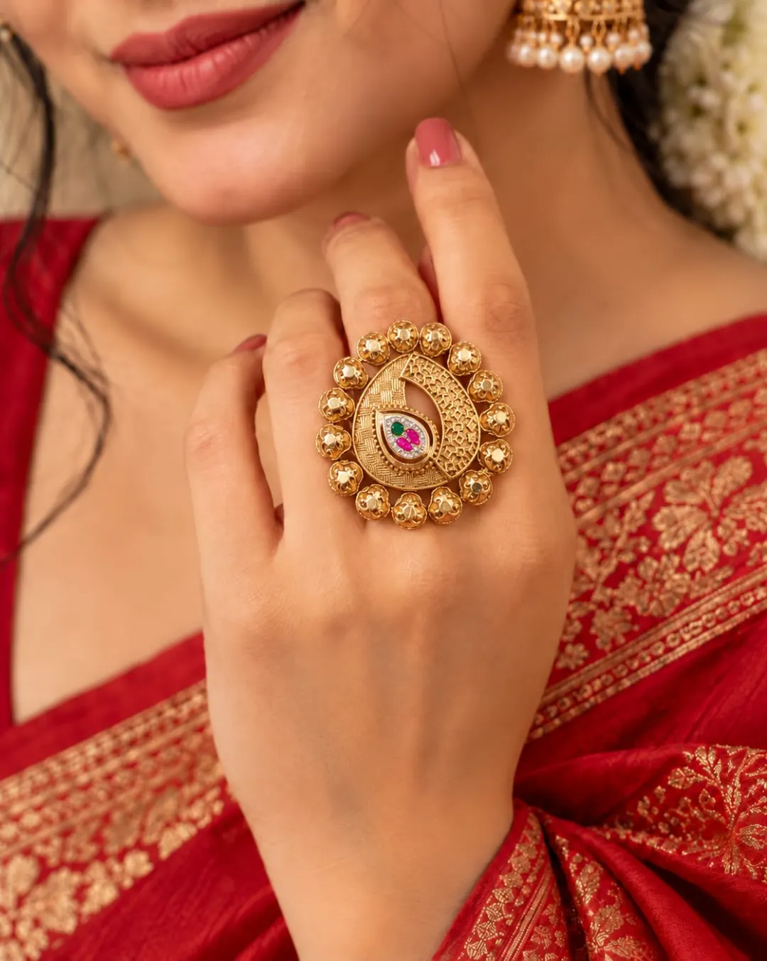 GOLD PLATED DESIGNER FLORAL RING WITH RUBY, EMERALD & WHITE STONE WORK