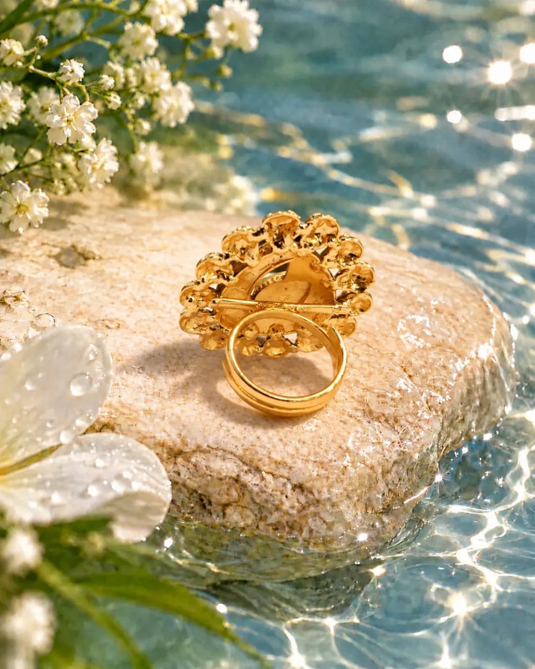 GOLD PLATED DESIGNER FLORAL RING WITH RUBY, EMERALD & WHITE STONE WORK
