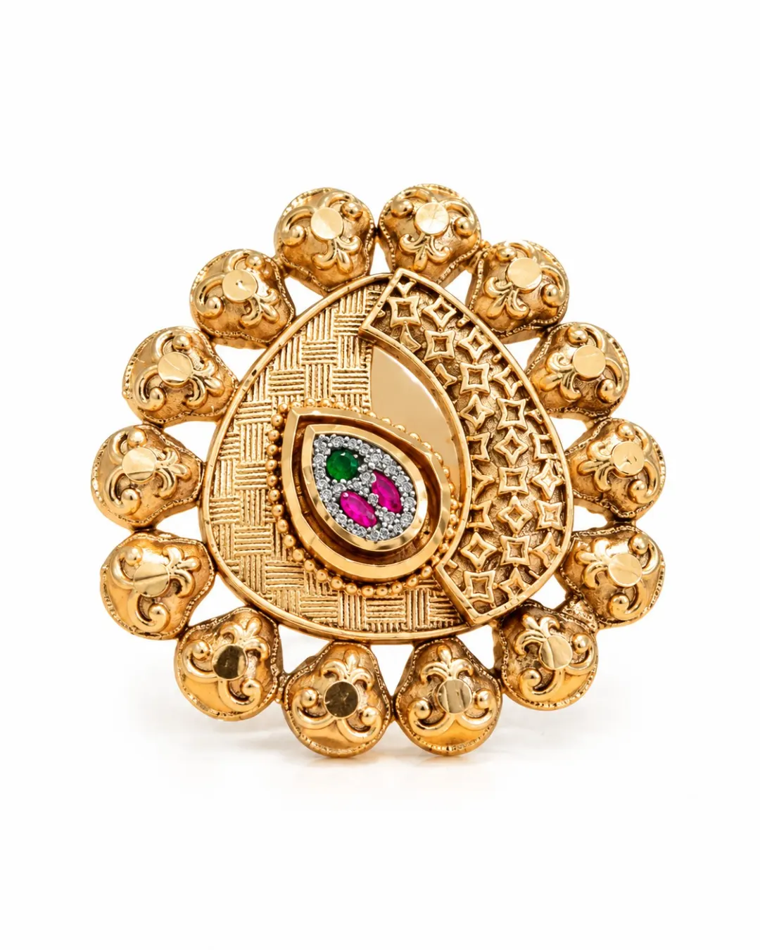 GOLD PLATED DESIGNER FLORAL RING WITH RUBY, EMERALD & WHITE STONE WORK