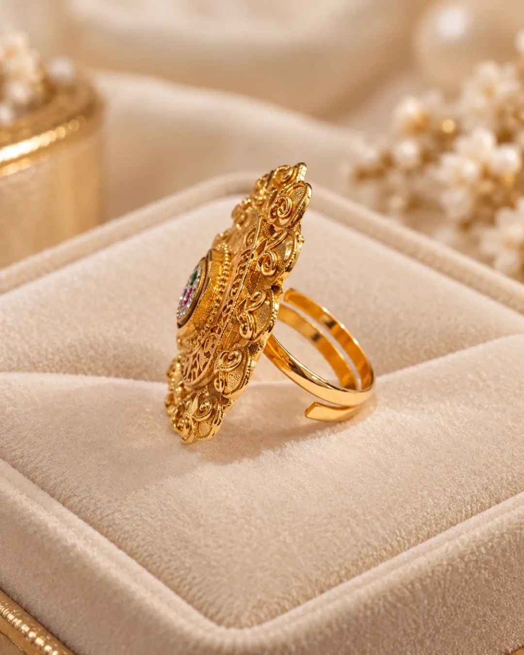 GOLD PLATED DESIGNER FLORAL RING WITH RUBY, EMERALD & WHITE STONE WORK