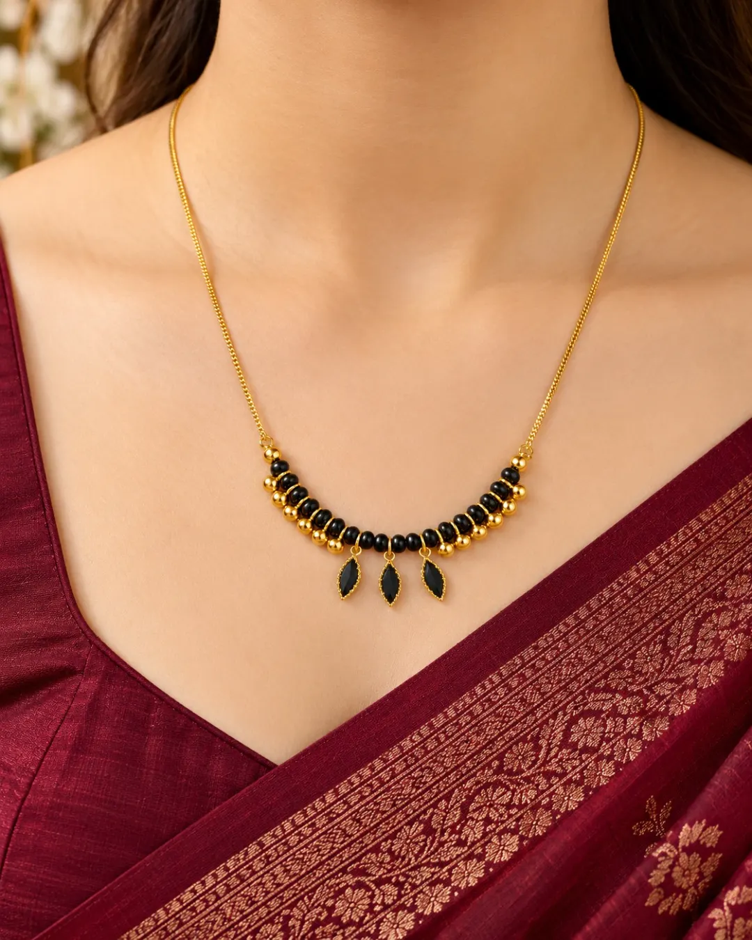 GOLD BLACK BEADED LEAF PENDANT MANGALSUTRA.